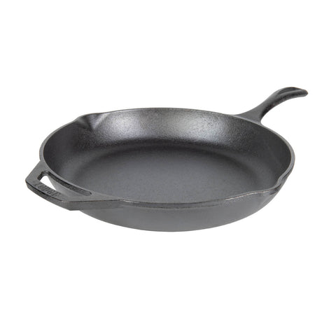 Lodge black cast iron skillet chef pan with handle, sturdy and durable for versatile cooking.