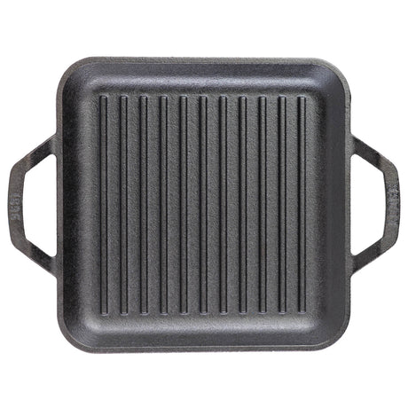 Lodge cast iron square grill pan with handle, 27.9 cm, designed for grilling and searing at high temperatures.