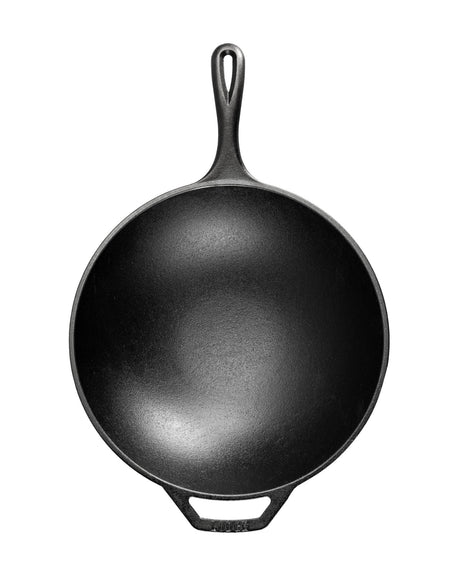 Black 32cm Lodge cast iron wok for professional cooking, featuring a sturdy handle and smooth cooking surface.