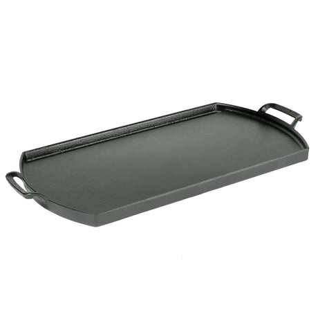 Lodge black cast iron grill plate, 51 cm, with ridged surface for outdoor grilling and searing.