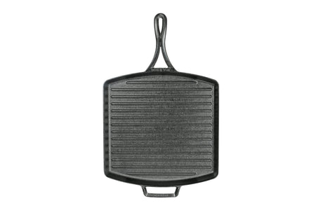 Lodge black square grill pan with 30.5x30.5 cm cooking surface, durable cast iron cookware for grilling and searing.