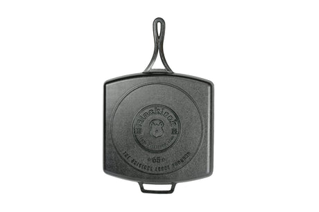 Lodge black square cast iron grill pan with 30.5 x 30.5 cm cooking surface for grilling and searing.