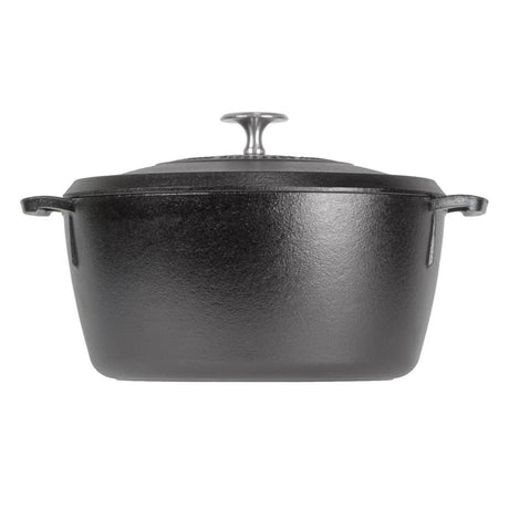 Lodge black cast iron skillet with a 5.2-liter capacity, sturdy handle, and smooth cooking surface.