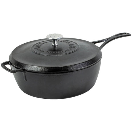 Lodge black cast iron deep skillet pan with 3.8L capacity, black non-stick coating, and sturdy handle for versatile cooking.