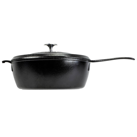 Lodge black cast iron deep skillet or pan with 3.8L capacity, black finish, sturdy handle, ideal for versatile cooking.