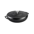 Lodge black cast iron Dutch oven braiser with 3.8L capacity, sturdy handle, and lid for versatile cooking.