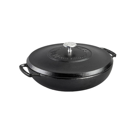 Lodge black cast iron Dutch oven braiser with 3.8L capacity, sturdy handle, and lid for versatile cooking.