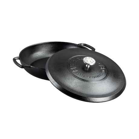 Lodge black cast iron Dutch oven or braiser with lid, 3.8-liter capacity, sturdy black cooking pot for versatile roasting and braising