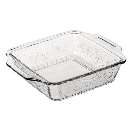 Anchor Hocking Laurel embossed square baking dish, 1.9L, used for casseroles and oven dishes, with detailed embossed leaf pattern.