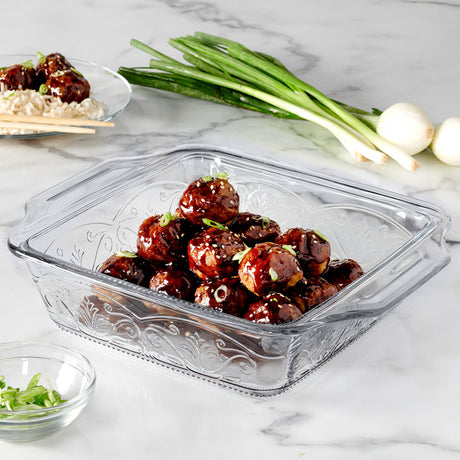 Anchor Hocking Laurel embossed rectangular baking dish, 1.9L, made of glass, with a clear, textured design for oven use.
