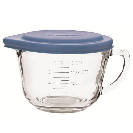 Anchor Hocking 2L measuring cup with clear glass and measurement markings, ideal for precise liquid measurement in the kitchen.