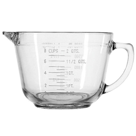 Anchor Hocking 2L measuring cup with clear glass body and measurement markings, ideal for precise liquid measurement in the kitchen.