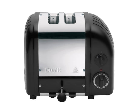 Schwarzer DUALIT Toaster Newgen mit 2 Toastscheiben, modernes Design und einfache Bedienung, auf einem Küchenarbeitsplatz.