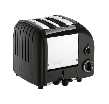 Schwarzer DUALIT Toaster NEWGEN mit 2 Scheiben, modernes Design, sichtbar mit toastenden Brotscheiben.