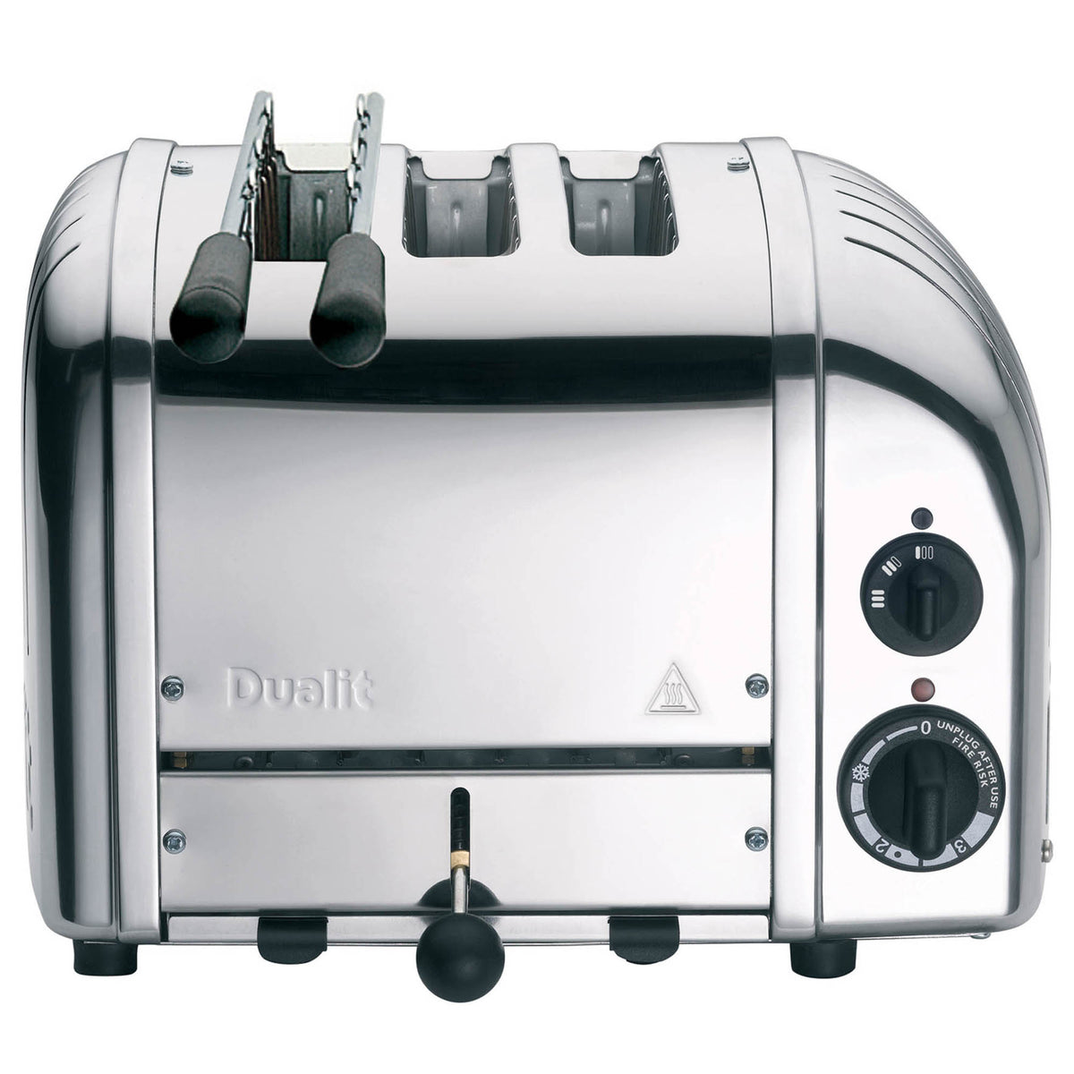 Dualit 2-in-1 Kombi-Toaster aus poliertem Metall mit Platz für zwei Scheiben, vielseitiger Toaster für knuspriges Frühstück.