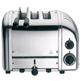 Dualit 2-in-1 Kombi-Toaster aus poliertem Metall mit Platz für zwei Scheiben, vielseitiger Toaster für knuspriges Frühstück.