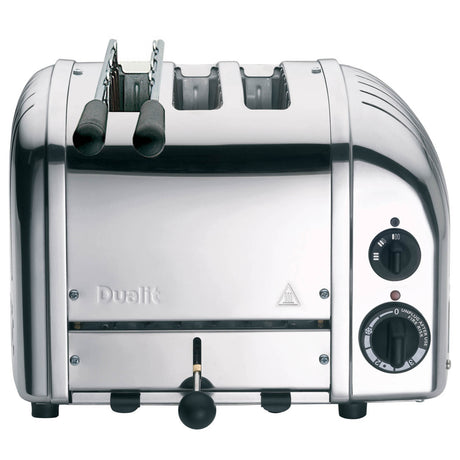 Dualit 2-in-1 Kombi-Toaster aus poliertem Metall mit Platz für zwei Scheiben, vielseitiger Toaster für knuspriges Frühstück.