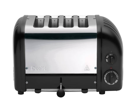 Schwarzer DUALIT Newgen Toaster mit Platz für 4 Brotscheiben, modernes Design, Blick auf die Toast-Schlitze.