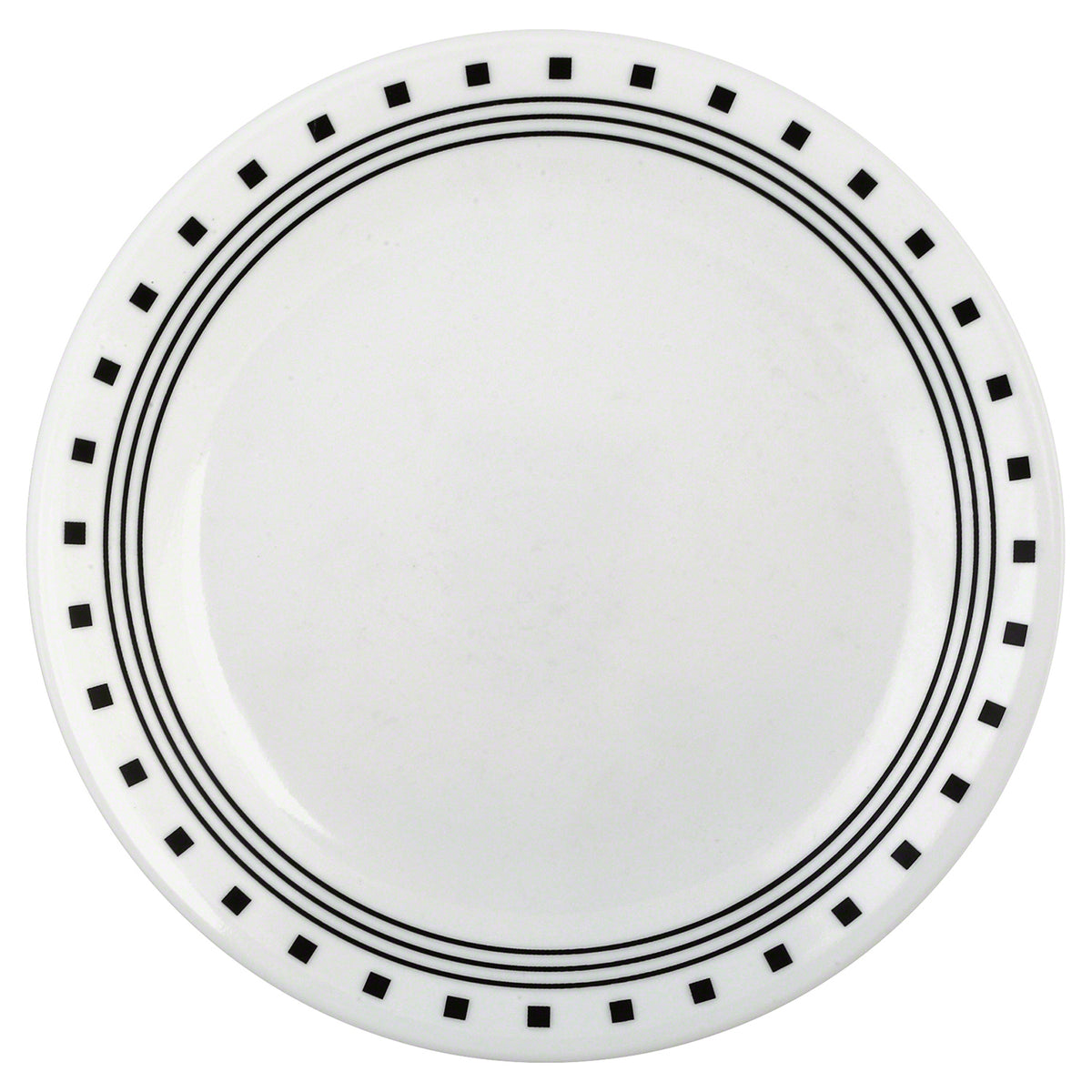 Corelle CITY BLOCK white dinnerware set featuring plates, bowls, and cups arranged on a table, modern and minimalist style.