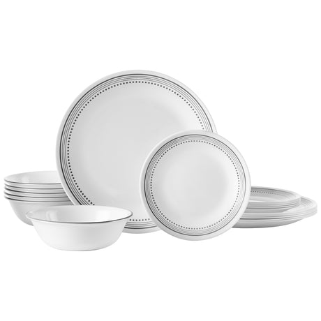 Corelle Mystic Grey dishware set with white plates featuring modern graphic design, made of durable ceramic for everyday use.