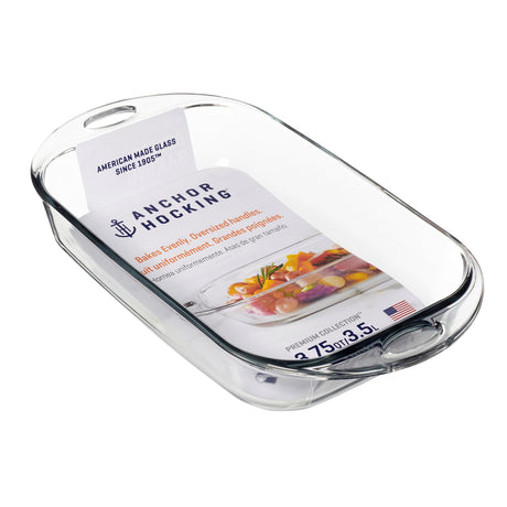 Anchor Hocking Heritage HLL glass baking dish, rectangular Auflaufform for oven use, with clear glass sides and a sturdy handle.