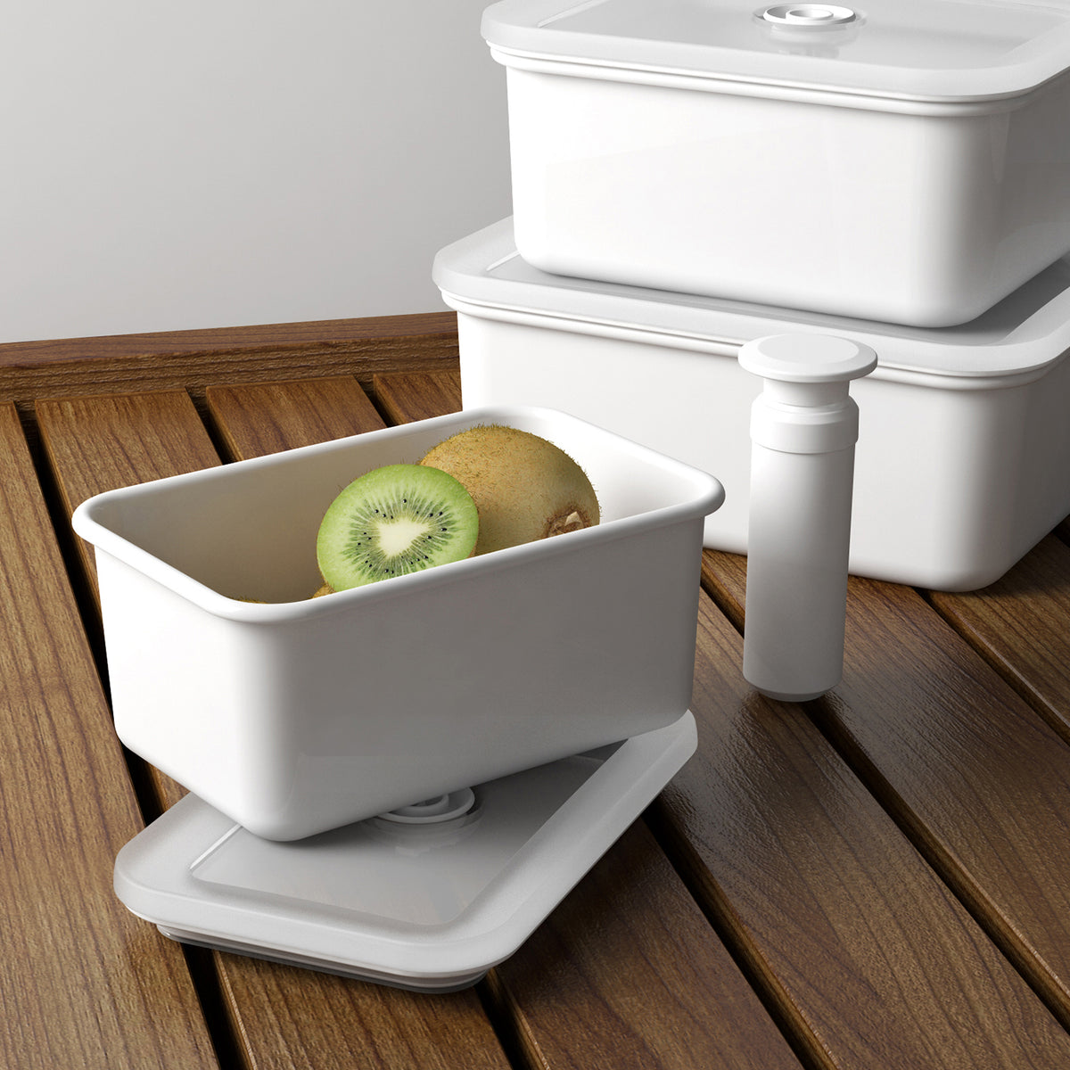 HONEYWARE white enameled vacuum canister with a 2.8L capacity, sleek design, and secure lid for food storage