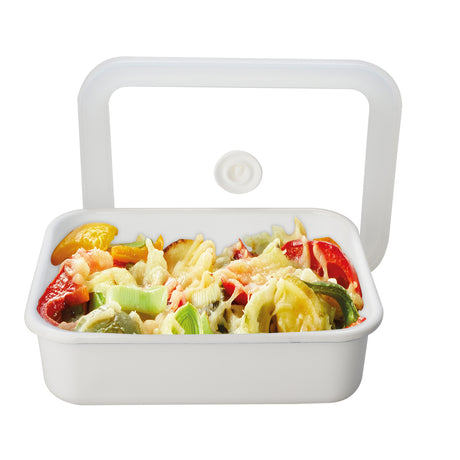 HONEYWARE white enameled vacuum storage container with 1.35-liter capacity, featuring a smooth, glossy finish and secure lid.