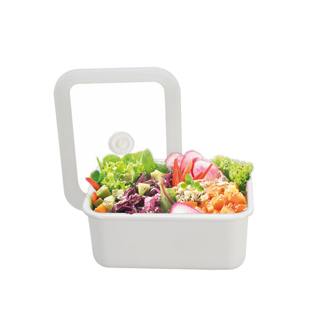 HONEYWARE emailledose in white with vacuum seal, 1.12L capacity, shown with a close-up of the airtight lid and smooth surface.