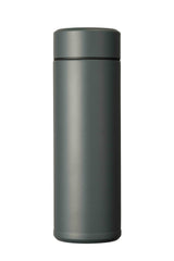 Kyocera slim gray insulated bottle with screw-top lid, designed for hot and cold beverages, compact and lightweight.