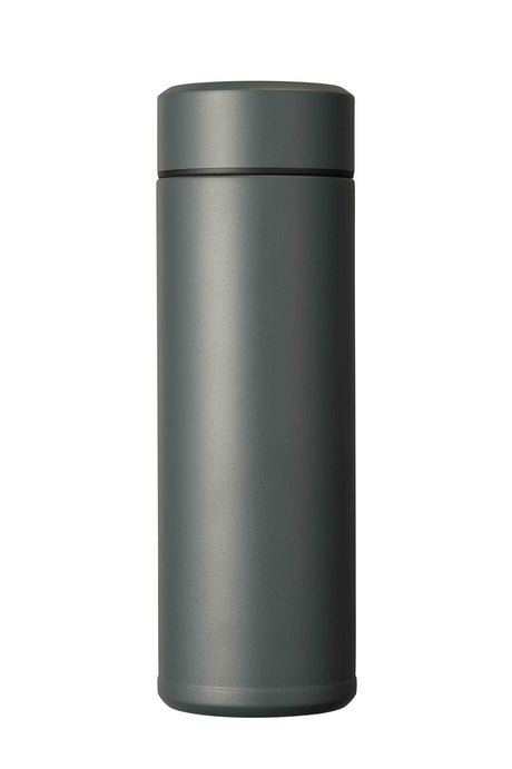 Kyocera slim gray insulated bottle with screw-top lid, designed for hot and cold beverages, compact and lightweight.