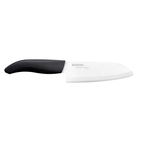 Schwarzes KYOCERA Keramikmesser mit genarbtem Griff, scharf und langlebig, ideal zum Schneiden von Lebensmitteln.