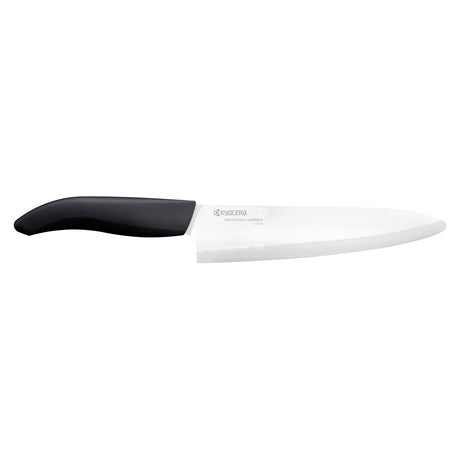 Schwarzes KYOCERA Keramikmesser mit genarbtem Griff, scharf und langlebig, ideal für präzises Schneiden in der Küche.