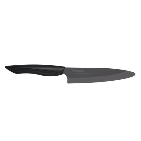 Schwarzes KYOCERA Keramikmesser mit glatter Klinge, ideal zum Schneiden von Obst und Gemüse, ergonomischer Griff.