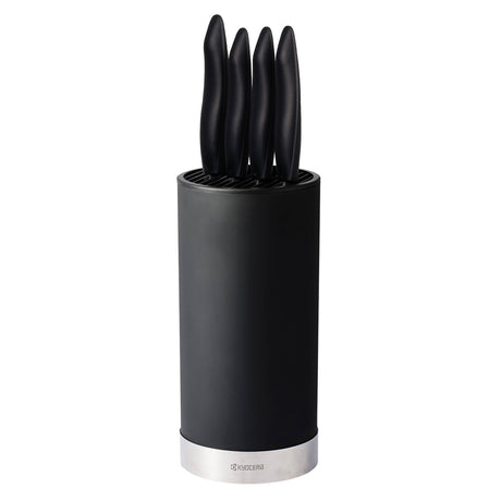KYOCERA knife block with four SHIN knives and soft-touch handle, showcasing a sleek black kitchen knife storage set.