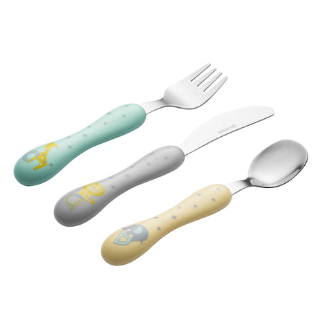Viners Kinderbesteck-Set für Babys aus Edelstahl, 3-teilig, mit kindgerechtem Design für kleine Hände.