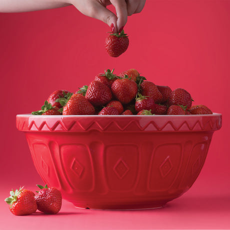 Red Mason Cash mixing bowl with a smooth, rounded design, perfect for baking and food preparation.
