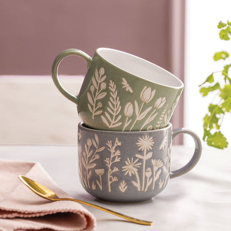 Mason Cash 400ml tulip-shaped coffee mug with sage green exterior and floral design, ceramic tea cup for hot beverages.