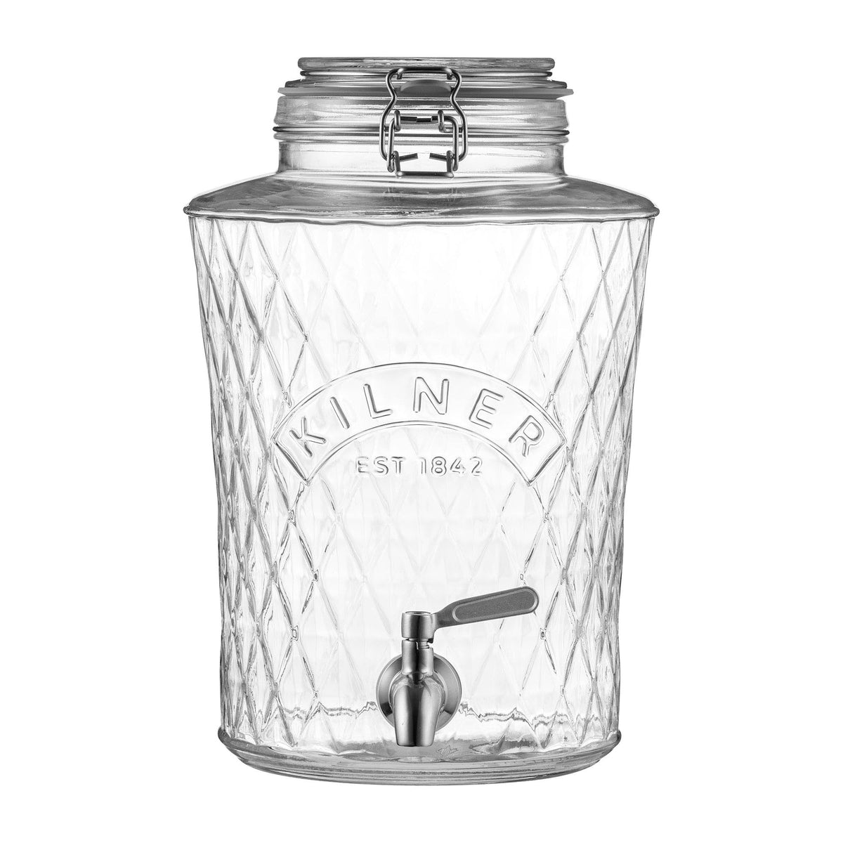 KILNER Diamond drink dispenser with clear glass body and metal spigot for serving beverages at gatherings.