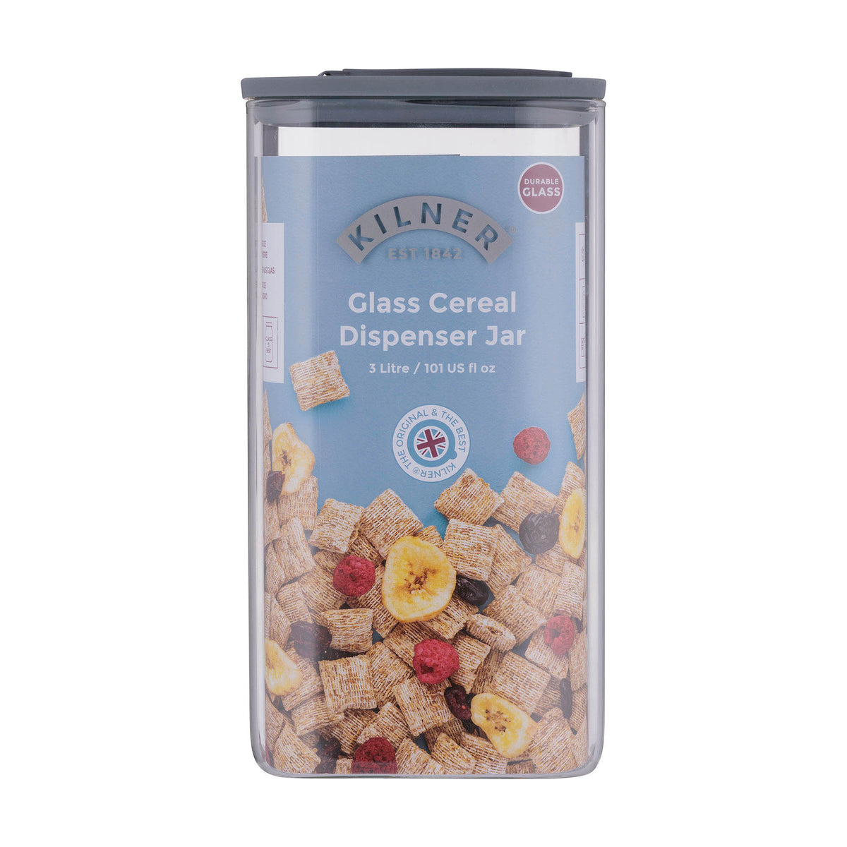 KILNER fresh storage jar, clear glass container with metal lid, ideal for storing dry food and pantry essentials.