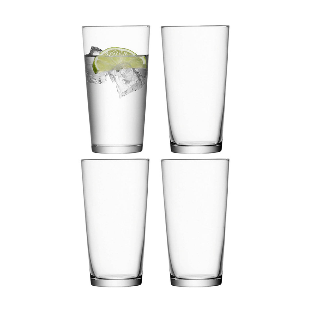 Set of four clear LSA Saftglas GIO juice glasses, 320ml capacity, shown with transparent glass design.