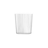 Set of four clear LSA GIO LINE tumblers, 390ml each, stylish glass drinkware for beverages in modern kitchen or bar settings.