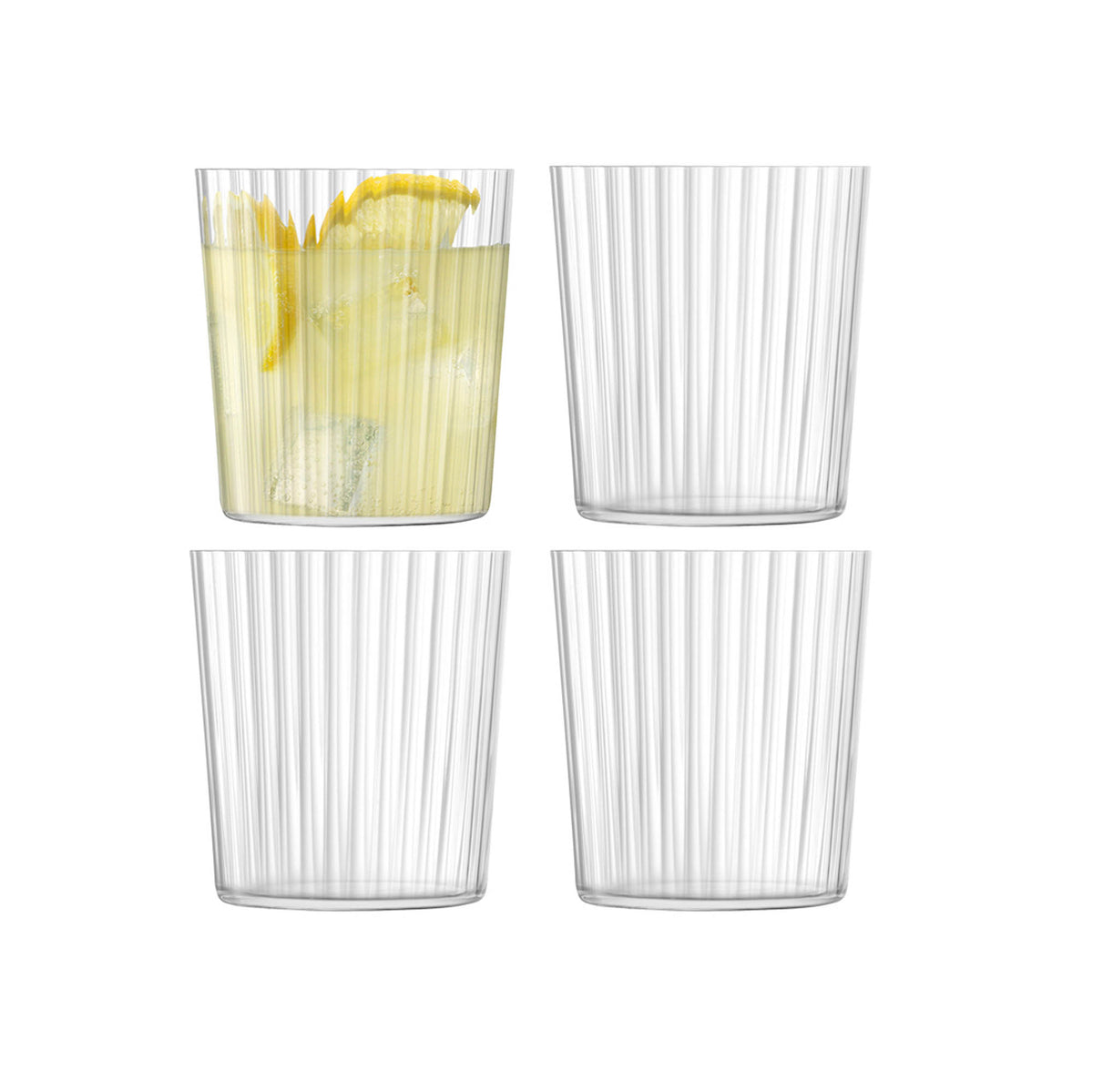Set of four clear LSA GIO LINE tumblers, 390ml each, with sleek design and smooth glass finish.