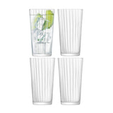 Set of four clear LSA GIO LINE longdrink glasses with 320ml capacity, stylish and modern for serving beverages.