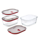 Black+Blum glass multifunctional storage containers, set of three, with secure lids for kitchen organization and food storage.