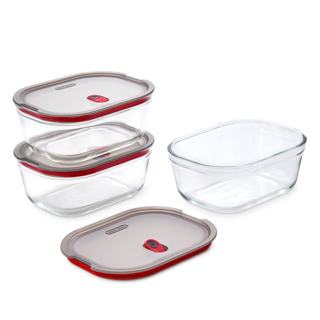 Black+Blum glass multifunctional storage containers, set of three, with secure lids for kitchen organization and food storage.