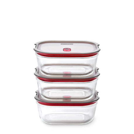 BLACK+BLUM glass multifunction storage containers, 3-piece set with airtight lids for kitchen organization.