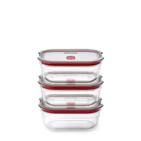 Black+Blum glass multifunction storage container set with three airtight jars for kitchen organization and food storage.