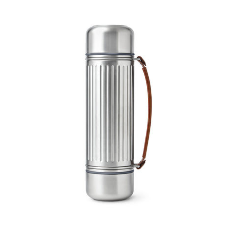 BLACK+BLUM DUO stainless steel insulated water bottle, 1.4L, with dual lids and sleek design for hot or cold drinks.