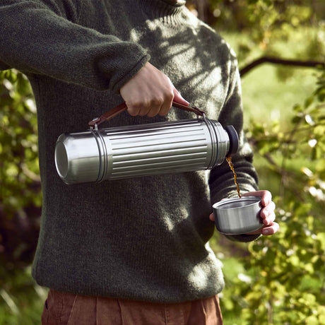 Black+Blum DUO stainless steel insulated flask, 1.4L, showing the sleek design and dual-layer construction for hot and cold drinks.
