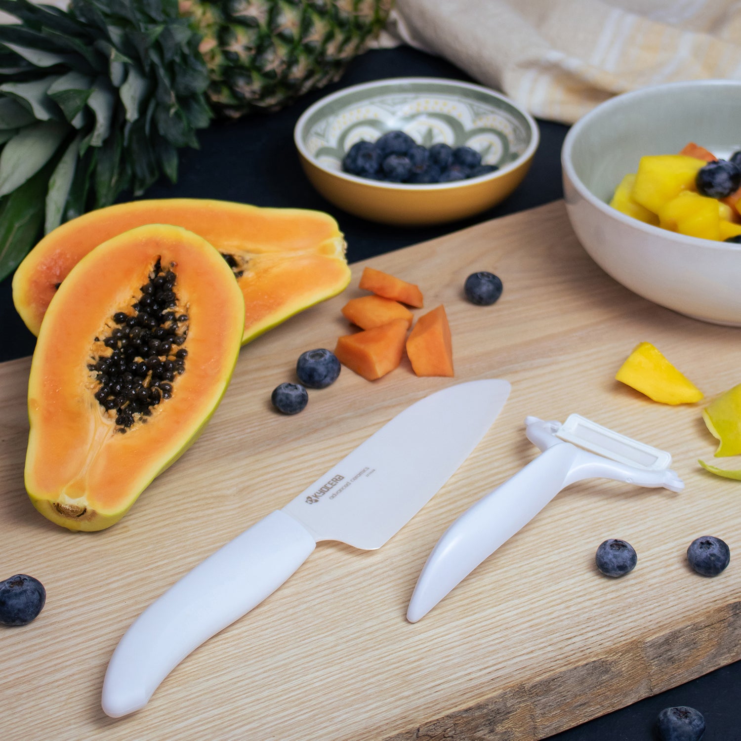 Santokumesser mit Schäler Set, weiss, Klinge: 14 cm